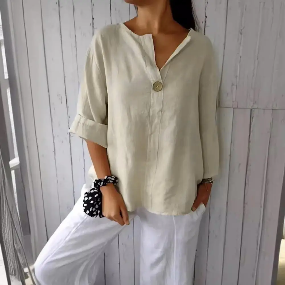 

3/4 Sleeve Blouse Stylish Women's V-neck Button Decor Tee Shirt Casual 3/4 Sleeve Solid Color Top Loose Fit Pullover for Summer