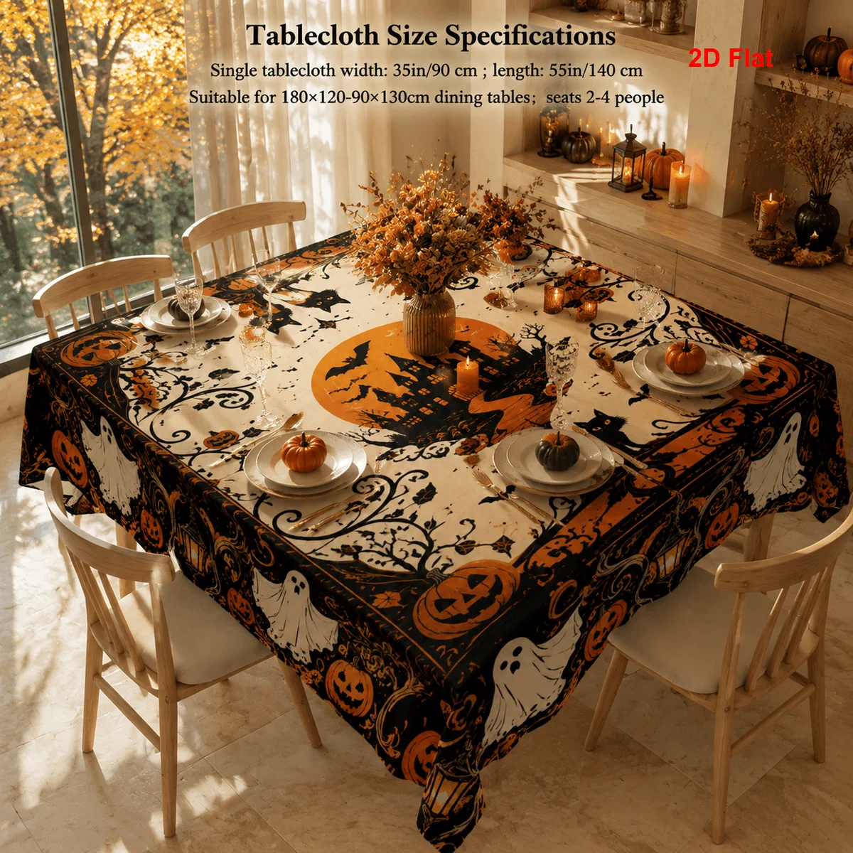 2D flat 1 piece tablecloth Halloween castle pumpkin ghost print restaurant rectangular polyester tableclothzyc