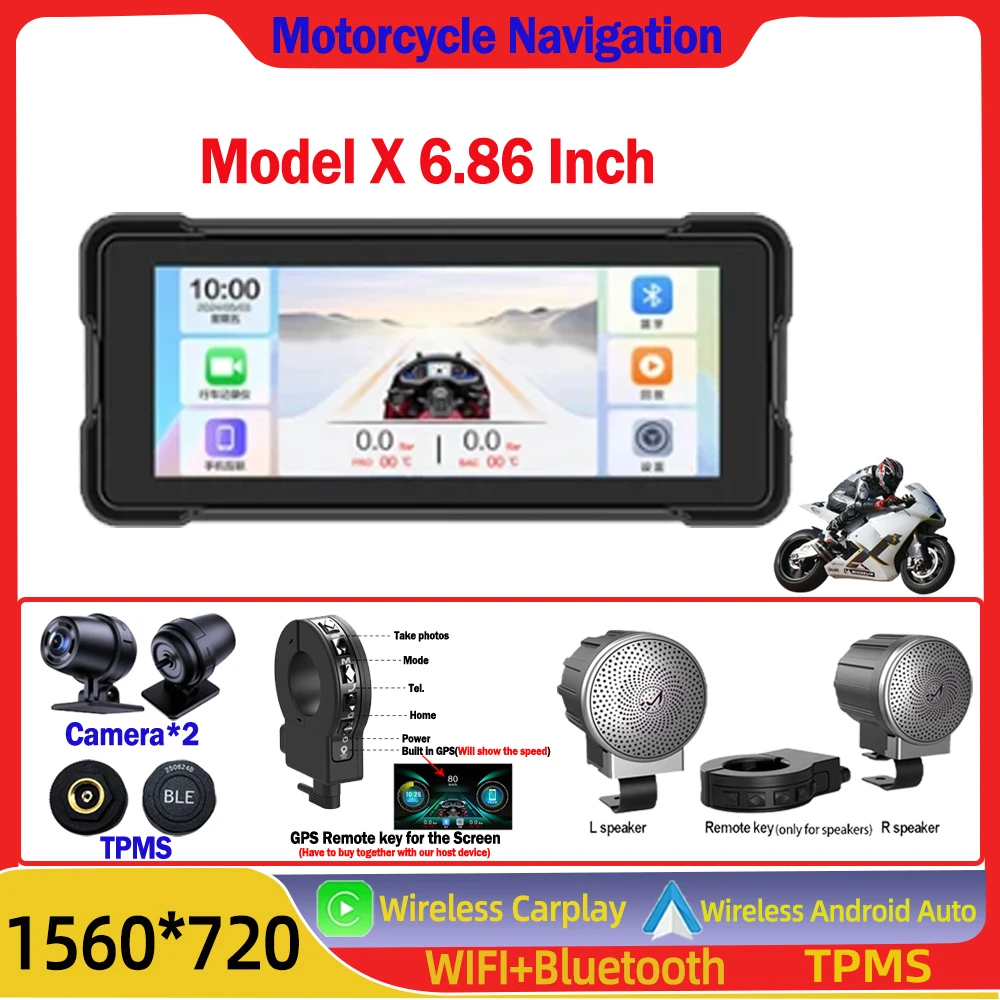 6.86 Inch For Navigation Motorcycle Waterproof Apple Carplay Display Screen Portable Motorcycle Wireless Android Auto WIFI TMPS