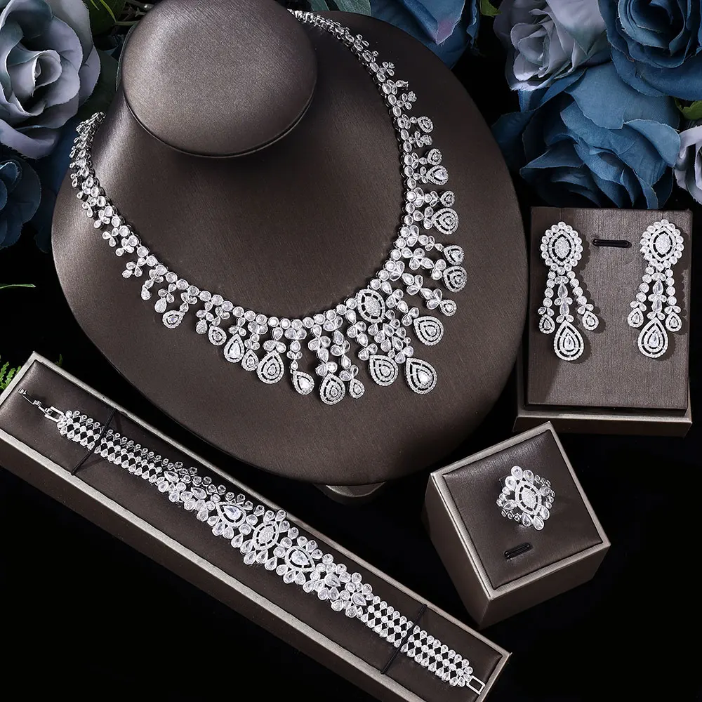 

2024 Popular 4-piece Bridal Wedding Jewelry Set Women's Wedding Accessories Water Droplet Jewelry Set Necklace and Earring Set