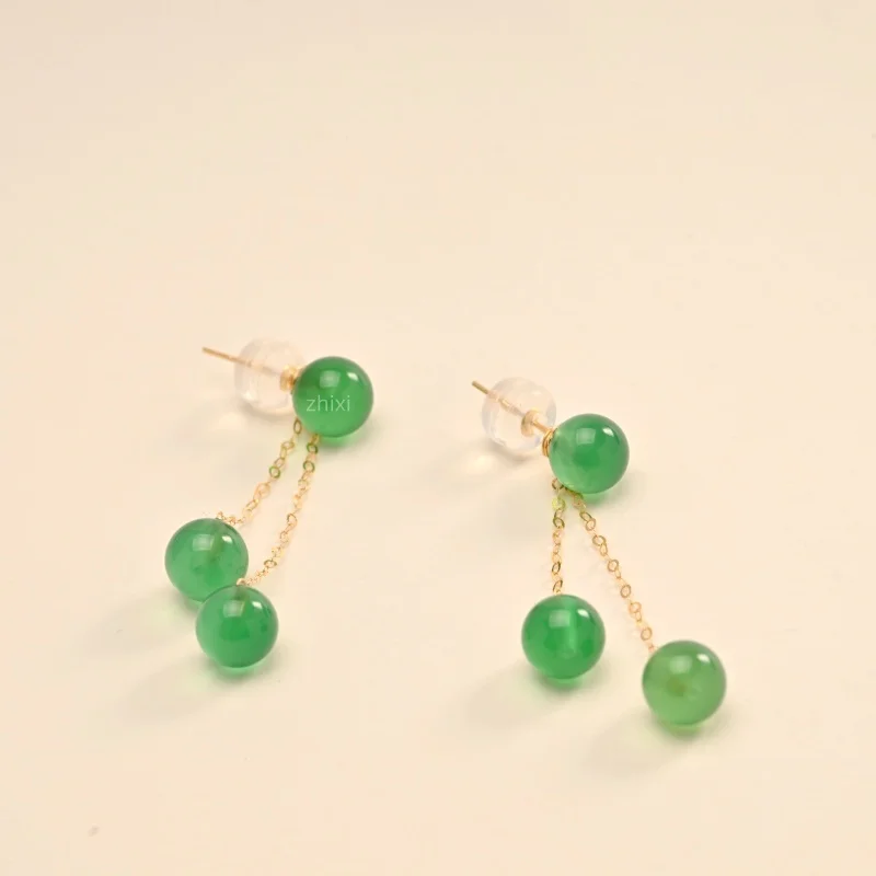

Green 18K yellow Gold Earrings Fine Jewelry drop au750 natural agate Original Design Colorful fashion party gift for women E1009