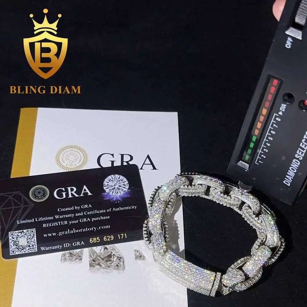 Luxury Pass Diamond Tester 14.5mm Hip Hop Jewelry 925 Silver Moissanite Cubana Bracelet Luxury Baguette Cut Cuban Link Bracelet