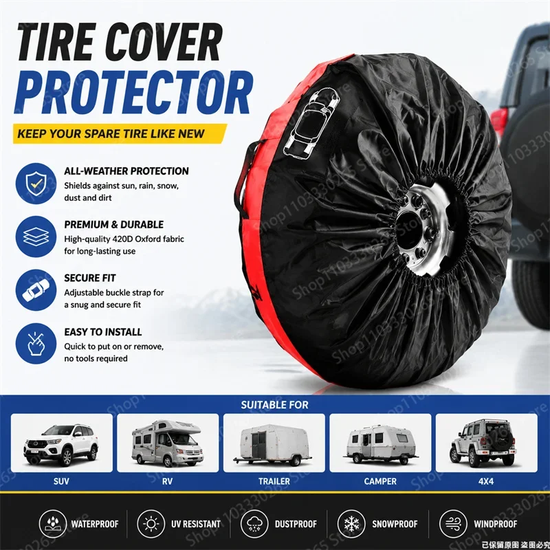All Weather Spare Wheel Tire Protector Cover, Windproof Snow Resistant Oxford Fabric Tire Shield with Secure Buckle Strap