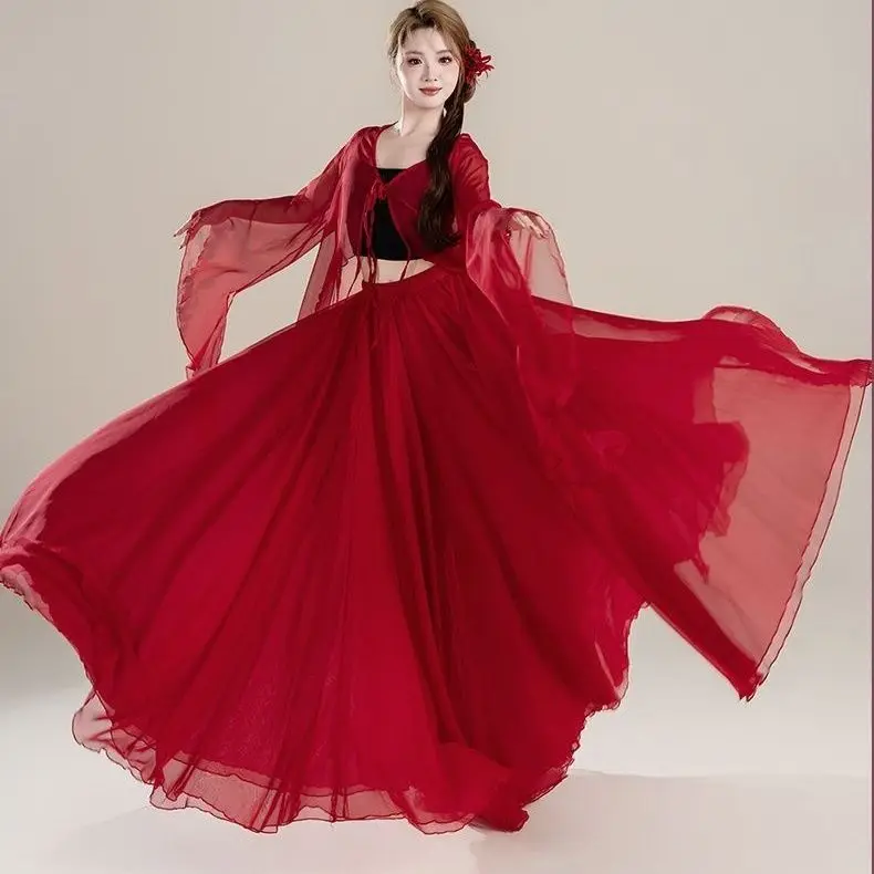 

Chinese Ethereal Dance Dress - Gradient Sheer Top & Skirt, Elegant Stage Costume & Practice Performance Dance Suit Set