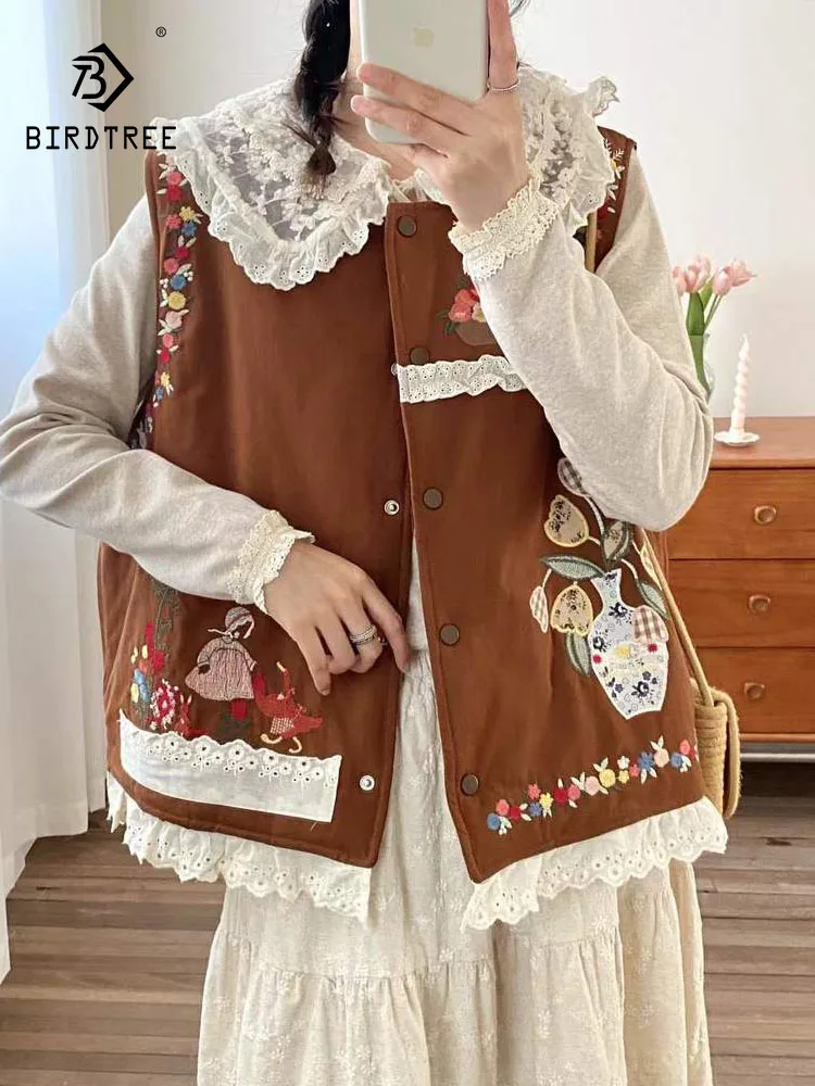 

New 2025 Autumn Cotton Vest, Women Sleeveless O Neck Lace Embroidery, Mori Girl French Retro Sweet Casual Loose Coat C5N329CC