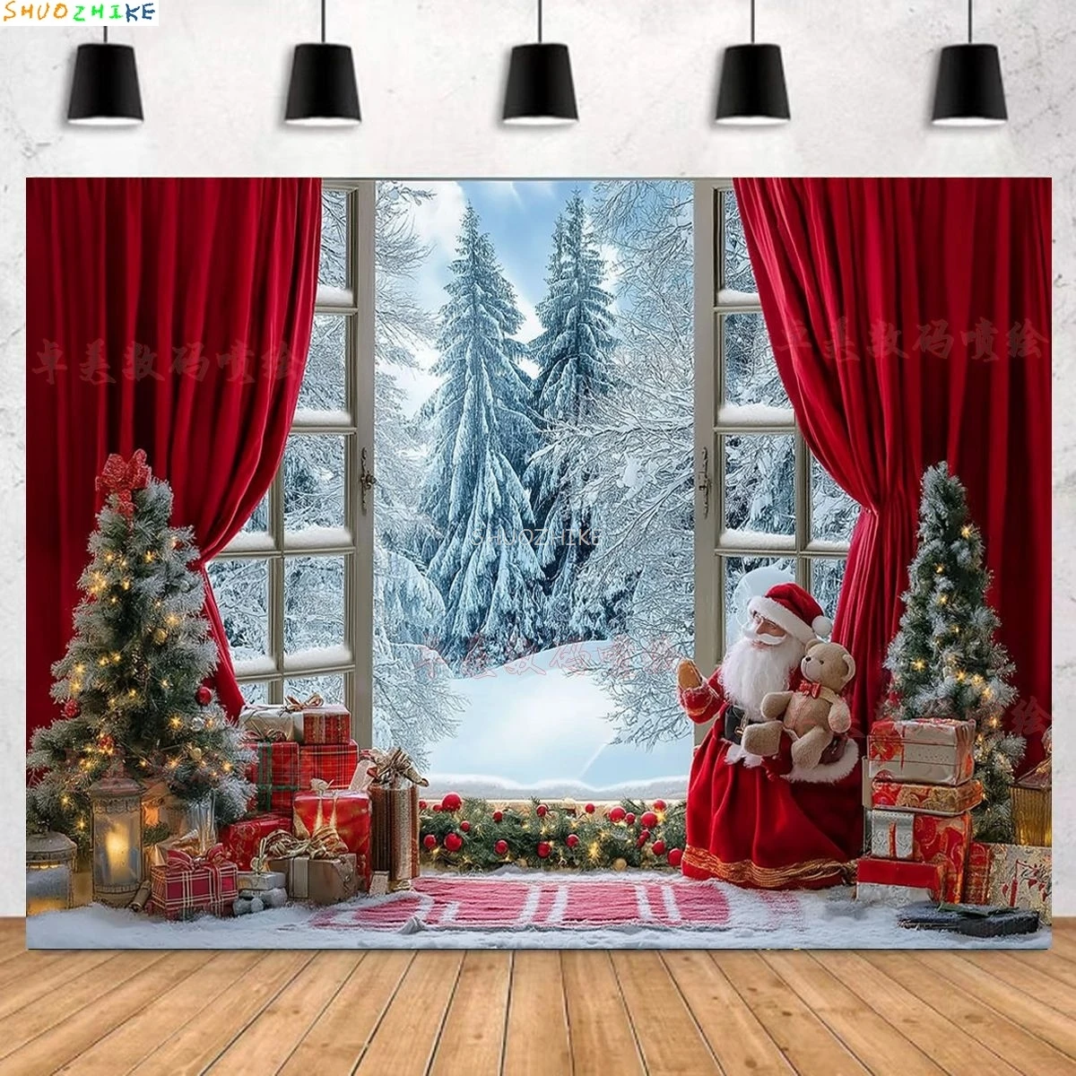 

Christmas Window Backdrop for Photography Winter Wonderland Snow Mountain Xmas Tree Holiday Party Photo Shoot Background ZM-15