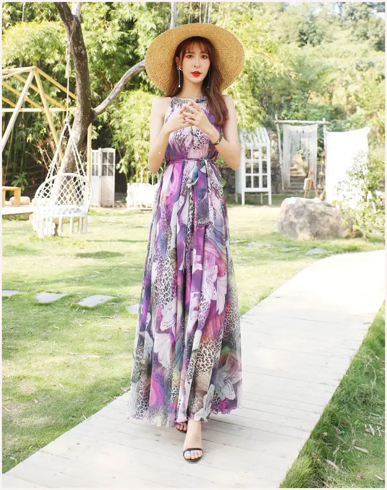 Chiffon Holiday Beach Long Sundress Summer Bohemian Flower Tropical Belt Fashion Boho Photo reggicalze Dresses for Women Long