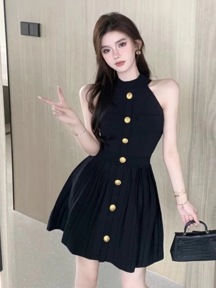 Summer Hepburn Style French Short A-line Hanging Neck Knitted Dress Looks Slim and Elegant Small Black Dress