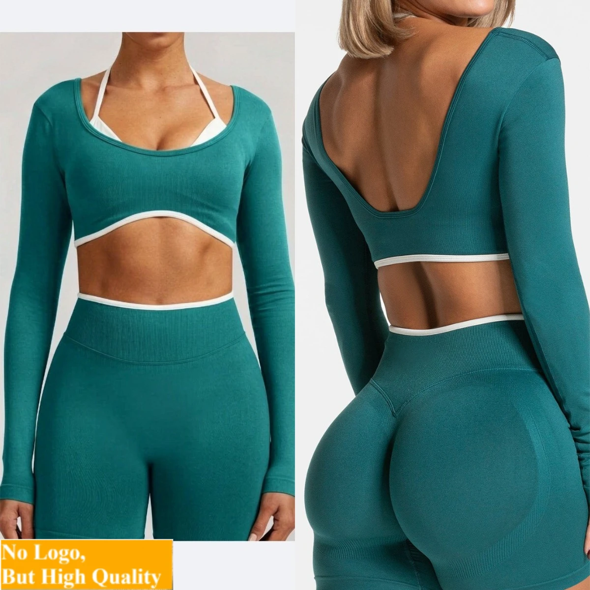 NO LOGO Women sexy backless seamless fake two-piece color blocked long sleeved yoga top, women's running and fitness sports top