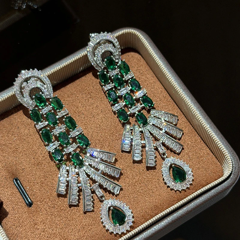 Luxurious colored gem fan-shaped earrings with long tassels bridal evening accessories