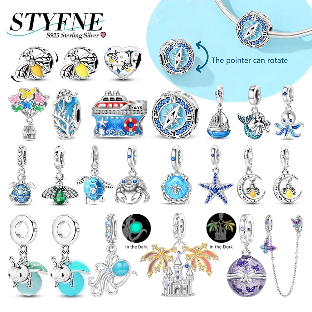 Ocean Animal Charms 925 Silver Compass Mermaid Ship Turtle Bee Beads Pendant Fit Bracelets Bag Keychain DIY Jewelry Making Gift