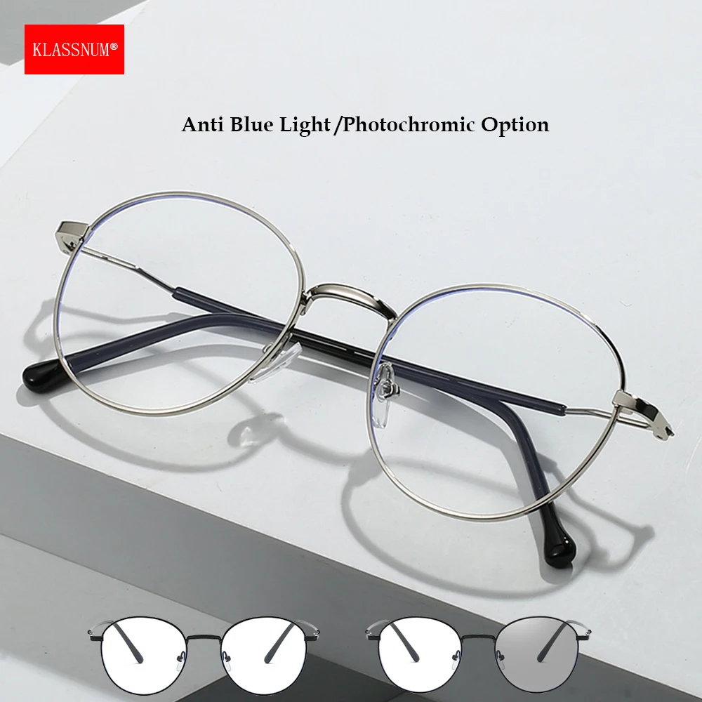 KLASSNUM Vintage Round Metal Frame Anti Blue Light Glasses Photochromic Eyepiece Luxury Chameleon Lens for Men Women 2026 Trendy