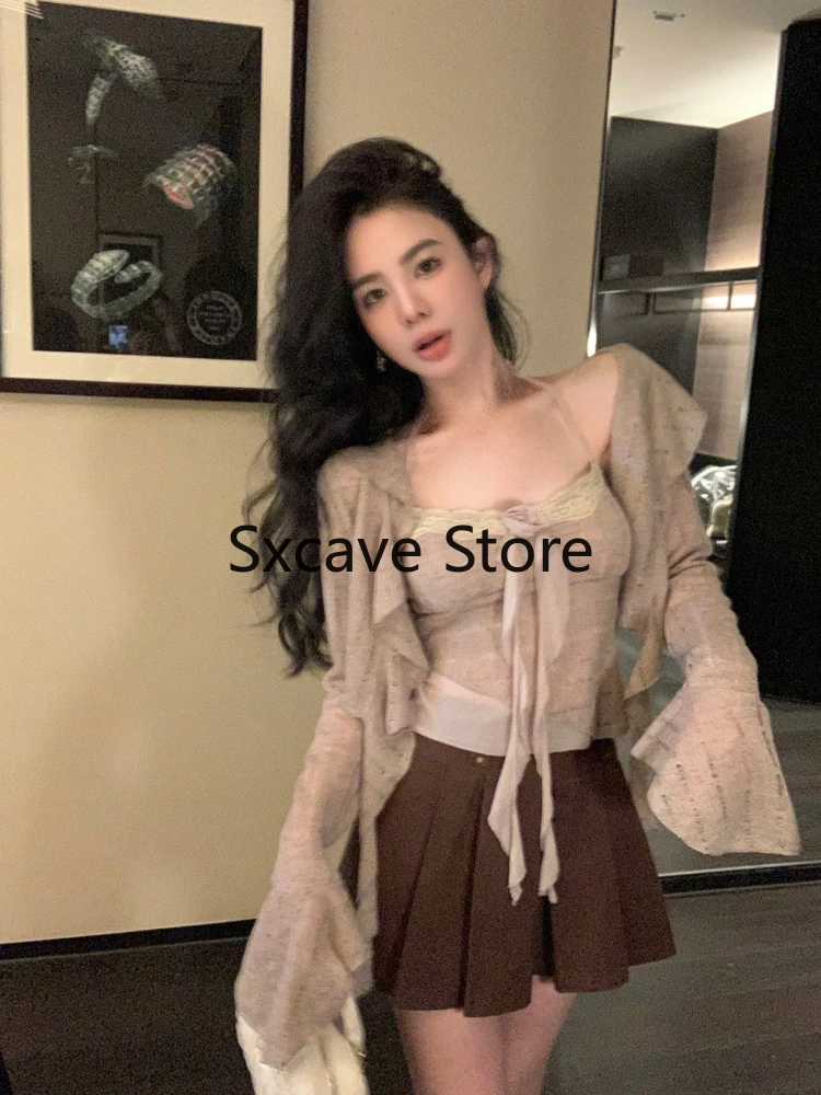 Elegant 2 Piece Tops Set Women Casual Long Sleeve Vintage Cardigan + Sweet Bodycon Strap Vest Outwear Korean Suit 2023 Autumn