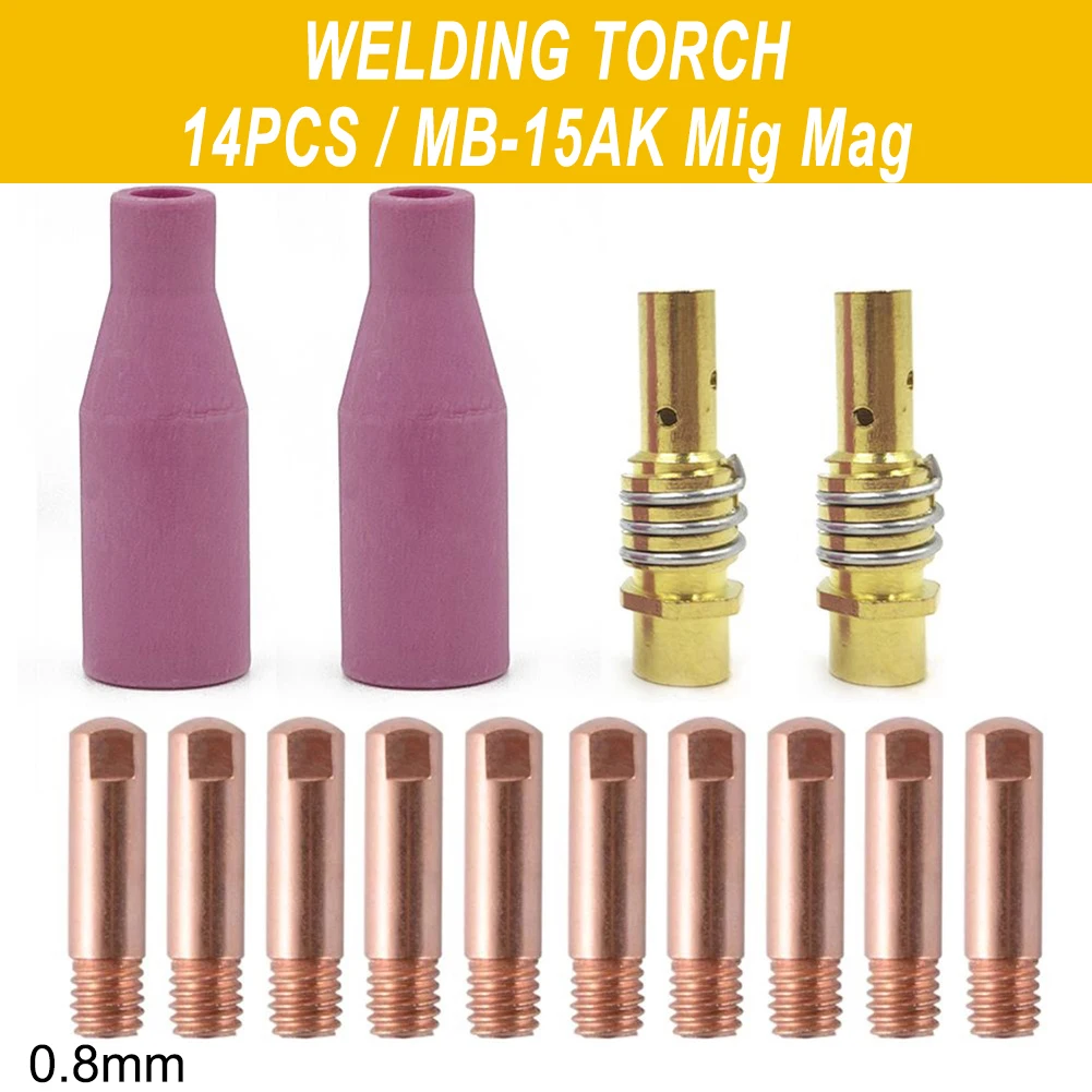 

15AK Welding Nozzle 14PCS Set With 2 Nozzles 10 Contact Tips 2 Welding Porcelain Nozzle Welding Tool Accessories