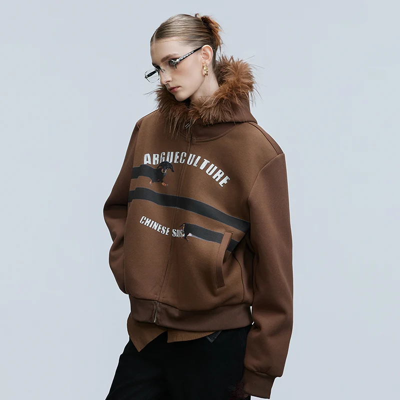 LUZHEN شتاء جديد الفراء مقنعين رسالة سحاب مطبوع البلوز الرجال النساء 2025 موضة وسيم فضفاض ملابس كاجوال JY4787