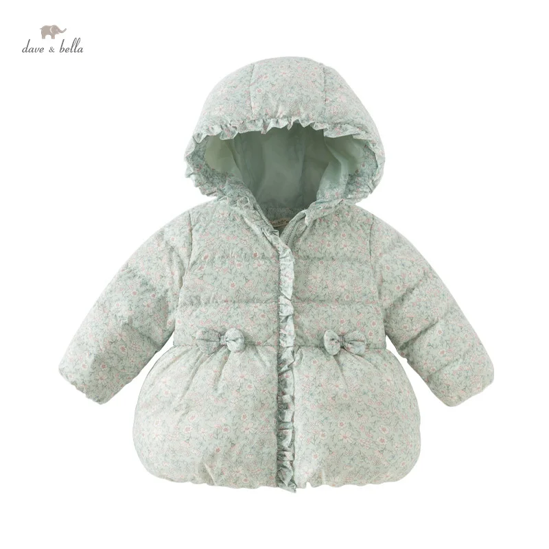 Dave Bella Children Girls Baby White Duck Down floral Outerwear 2024 Winter Kid Girl‘s Cute Sweet Parka Outdoor Warm DB4242659