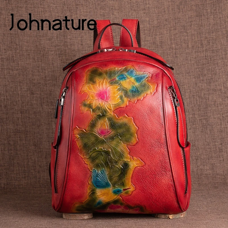 Johnature 2024 New Retro Backpack Handmade Embossing Genuine Leather Bagpack Women Bag First Layer Cowhide Floral Travel Bags