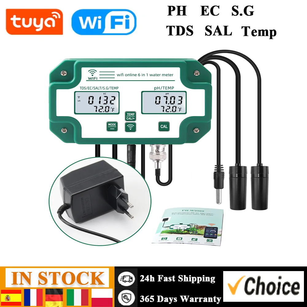 Tuya WiFi 6 in 1 Digital Water Quality Tester Multifunctional PH TDS EC S.G SAL Temp Monitor Analyzer for Aquarium Aquaculture