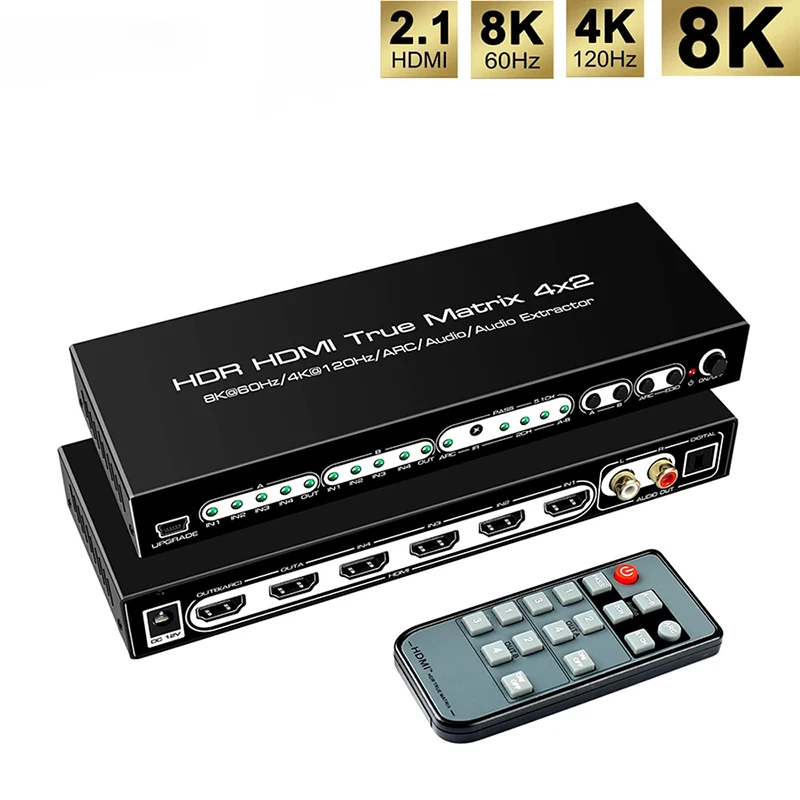 HDMI2.1 8K HDR HDMI True Matrix Switch 4x2 Supports 4k 120hz Dolby Vision with Optical L R Audio Extractor ARC for Computer