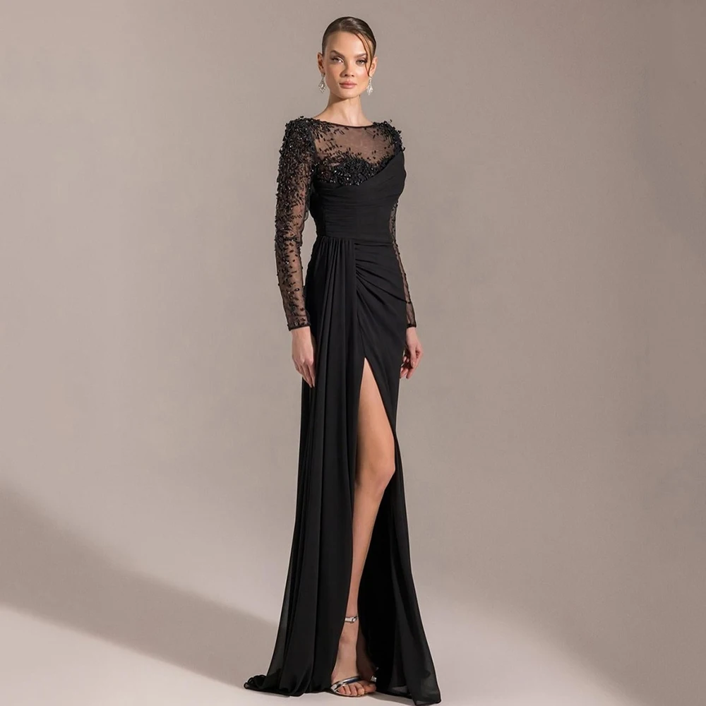 

Customized O-neck Pleat Jersey Straight Evening Dress ILLUSION Full Sleeves With Sequined Party Dress Floor Length Prom Gown