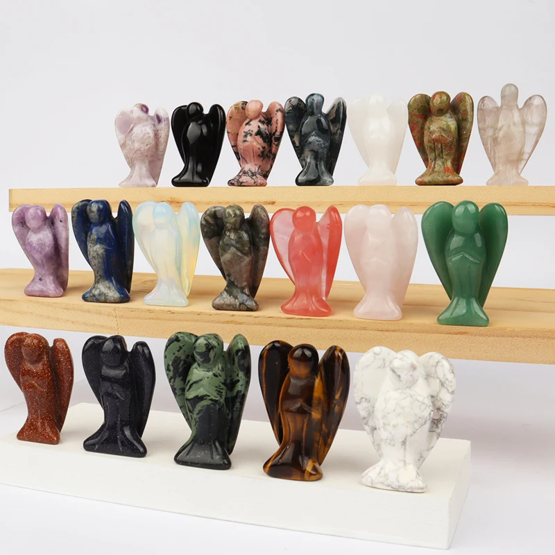 Figurine d'ange en pierre naturelle sculptée à la main, mini artisanat en cristal, pierre précieuse de jade noir, guérison, décoration de la maison, 1,5 pouce