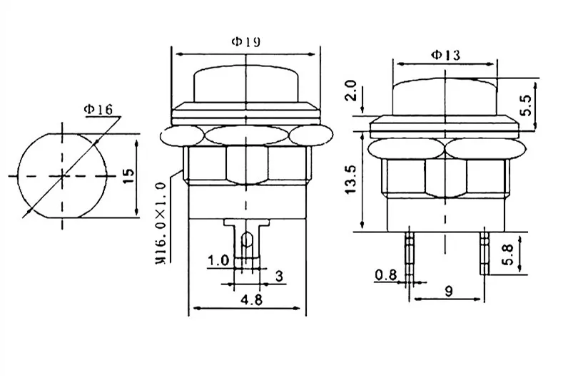 YYT 5PCS R13-507 Red Green Yellow White Black Blue Lockless Switch Self-Reset Key Switch Button Jog Switch 16MM