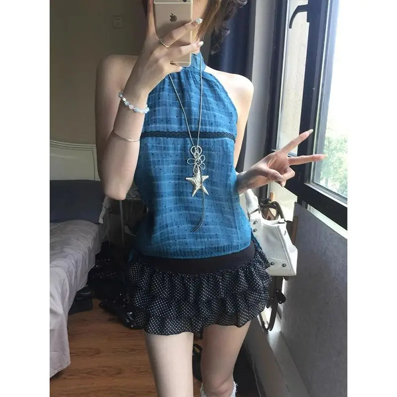 

2025 Women's Y2K Chic Halter Tank Top - Blue Plaid Dot Sleeveless Slim Fit Top, Sweet Edgy Vintage Streetwear for Spring Summer