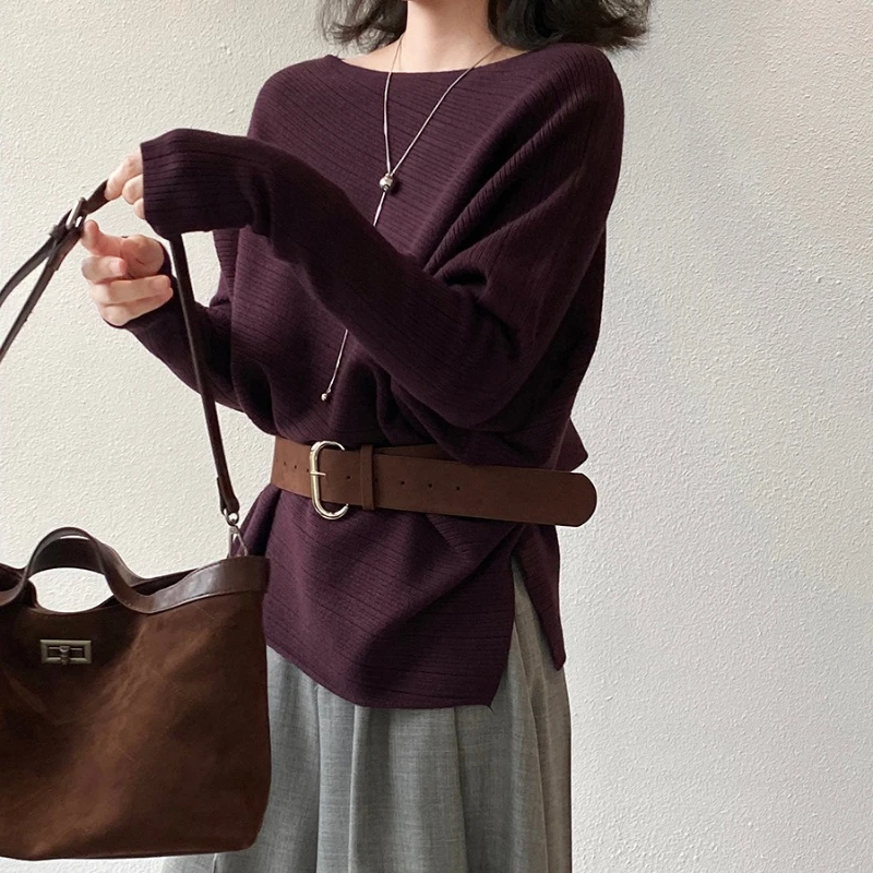 بلوزة كورية متماسكة بدون أكتاف، بلوزة بحزام بأكمام طويلة للنساء في أوائل الخريف أنيقة