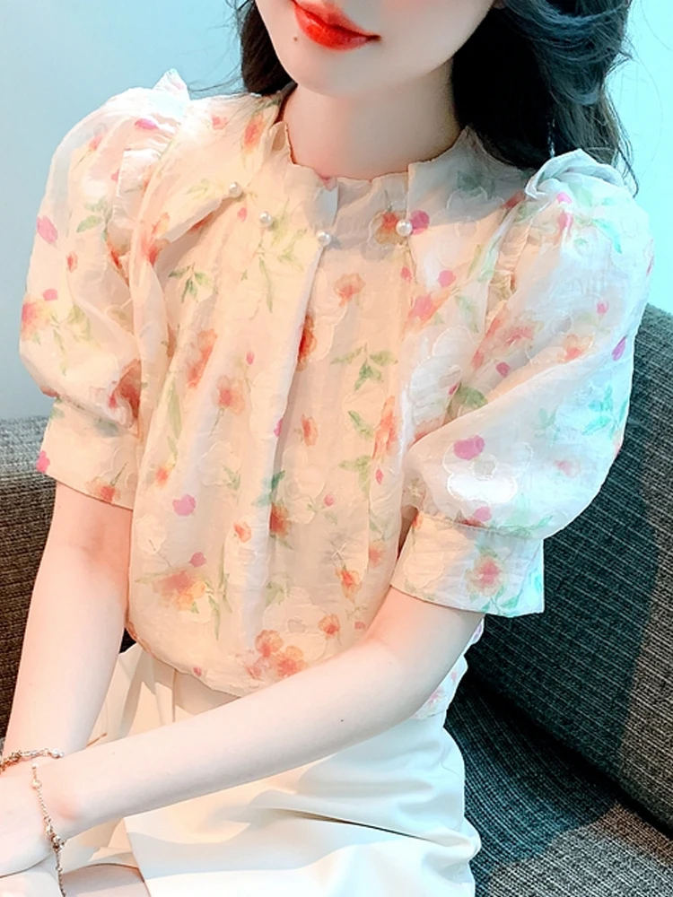 New Summer Women Tops Print Chiffon Blouse Shirt Blusas Mujer De Moda 2024 Verano Elegantes Short Sleeve Blouse Women Tops G518