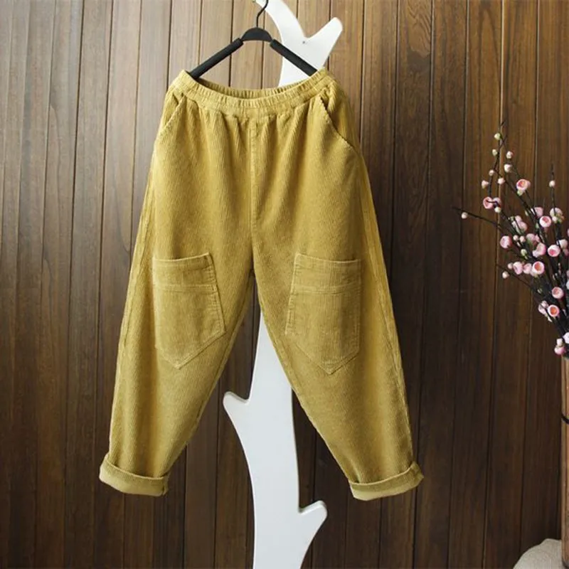 2024 New Arrival Autumn Women Pockets Patchwork Cotton Corduroy Ankle-length Pants Casual Loose  Elastic Waist Harem Pants P29