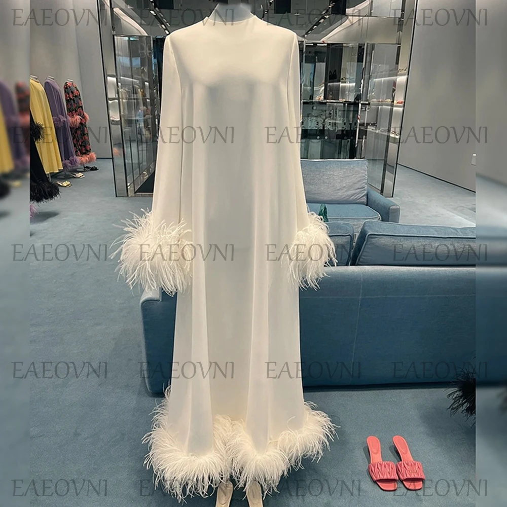 Customized Temperament Prom Gown Straight Long Sleeve Feather Formal Party Dress Solid Color Ankle-Length Vestido De Novia فساتي