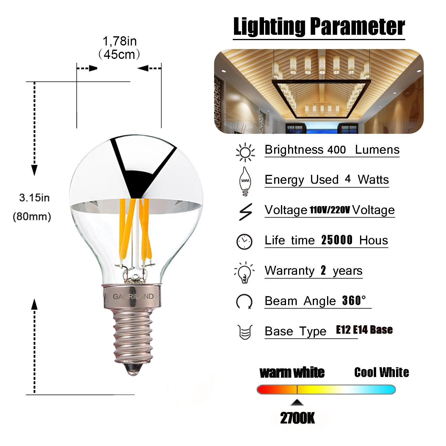 6pcs Retro Edison Bulbs Mirror Bulb G45 E12 E14 E26 E27 Top Silver bowl Dripped Filaments Led Bulb Decorative Lighting For Home