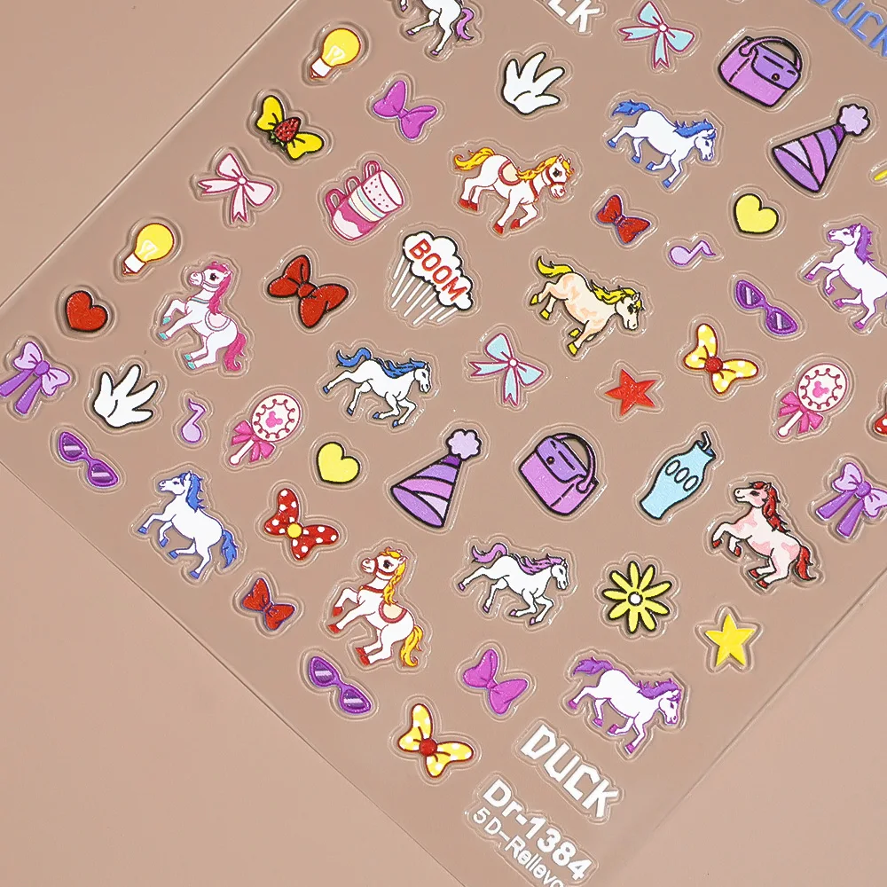 1/5/10 Stück niedliche Cartoon-Pony-Einhorn-Blume, Herz, Schleife, Nagelaufkleber, 5D-geprägte Aufkleber für Frauen, DIY-Maniküre, selbstklebendes Dekor