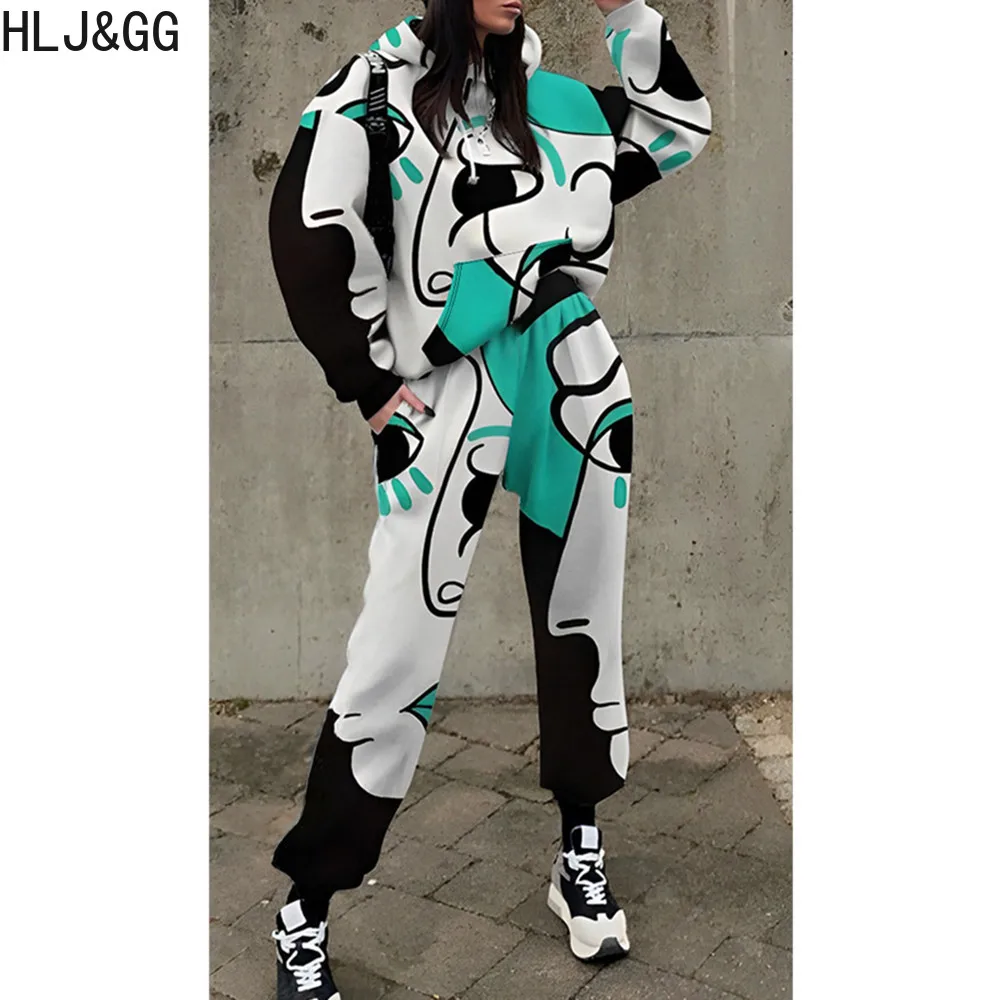 

HLJ&GG White Casual Printing Hooded Two Piece Sets Women Long Sleeve Sweatshirt And Jogger Pants Tracksuits Female 2pcs Outfits