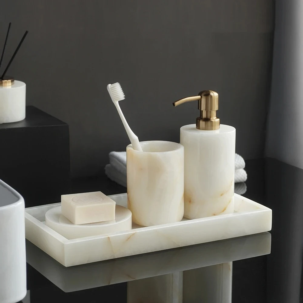 

White Onyx Bathroom Set Natural Stone Soap Dispenser & Vanity Tray Luxury Tissue Box Cover Minimalist Vanity Organizer