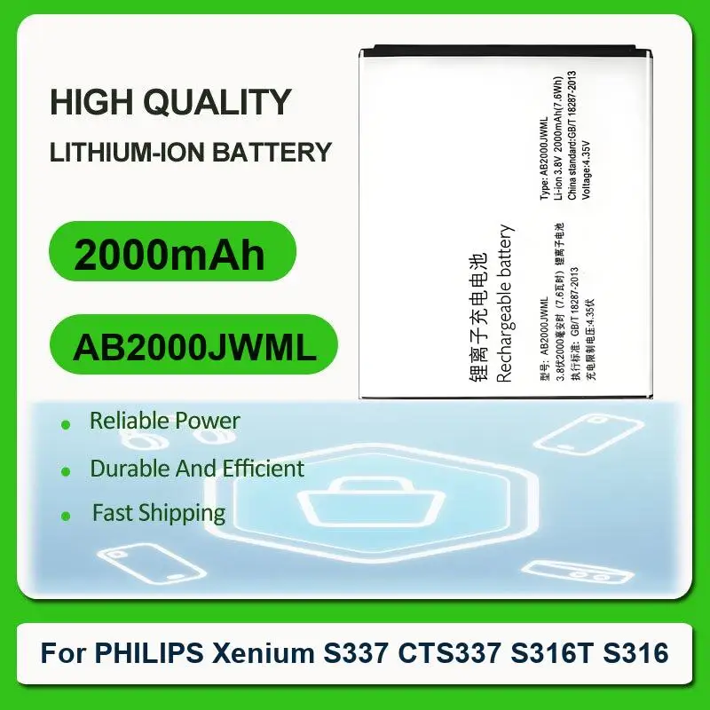 Replacement Mobile Phone Battery For PHILIPS Xenium S337 CTS337 S316T S316 AB2000JWML 2000mAh