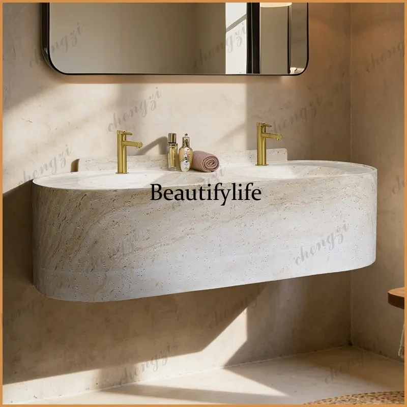 TTT  Cream wind natural marble wall-mounted washbasin oval double faucet advanced custom integrated hanging basin