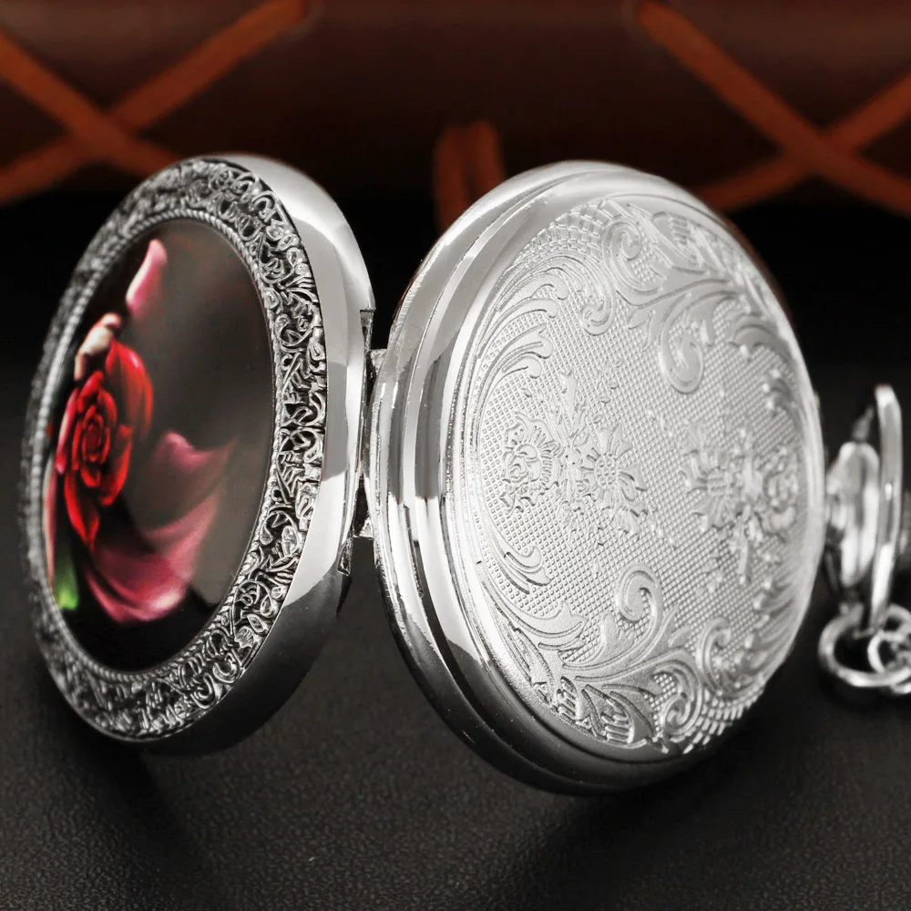 Exquisite Rose Oil Painting Silver Large Size Quartz Pocket Watch Vintage Unisex Necklace Pendant Accessories Clock Gift