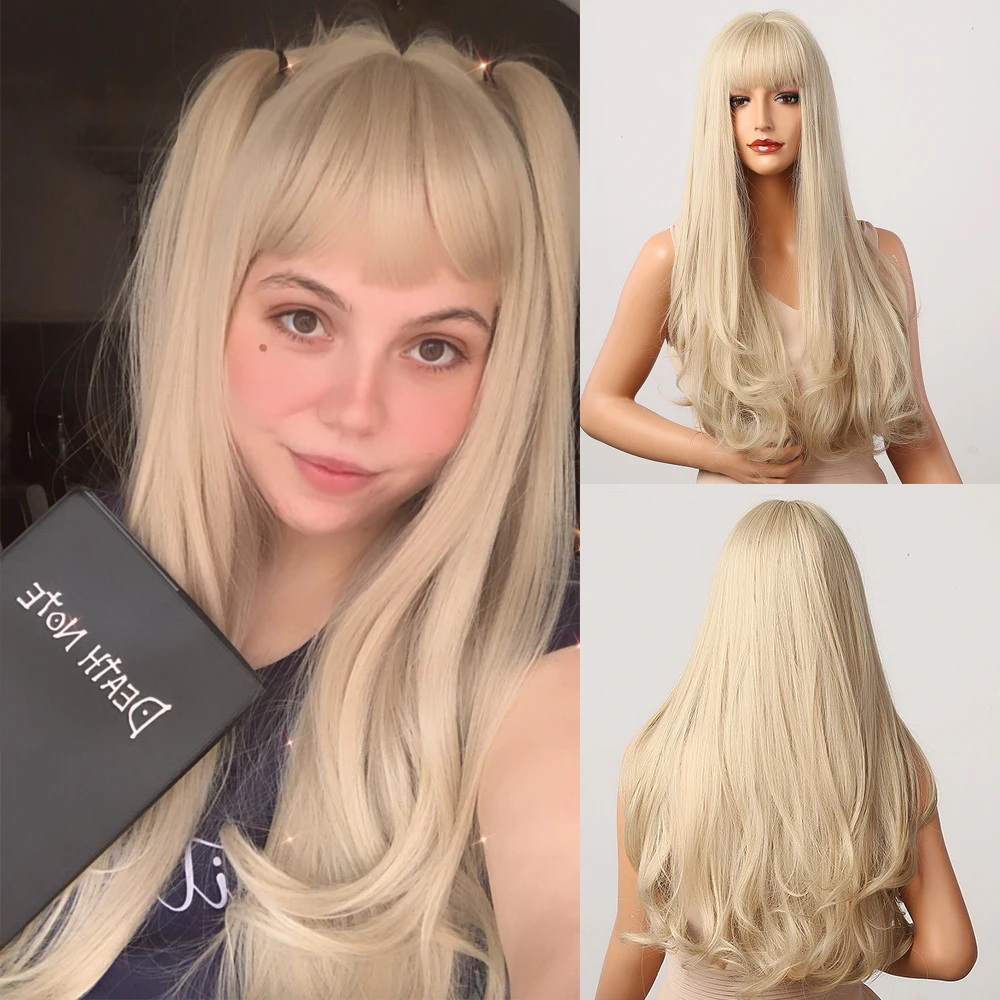 HENRY MARGU-Perucas Longas Loiras Onduladas Naturais Platina com Franja para Mulheres, Festa Cosplay, Perucas Sintéticas Lolita, Fibra Resistente ao