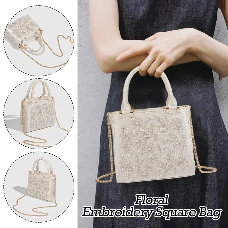 

2025 Autumn New Women's Handbag Artificial Pearl Flower Pattern Chain Shoulder Bag Satin Texture Ladies Crossbody Bag
