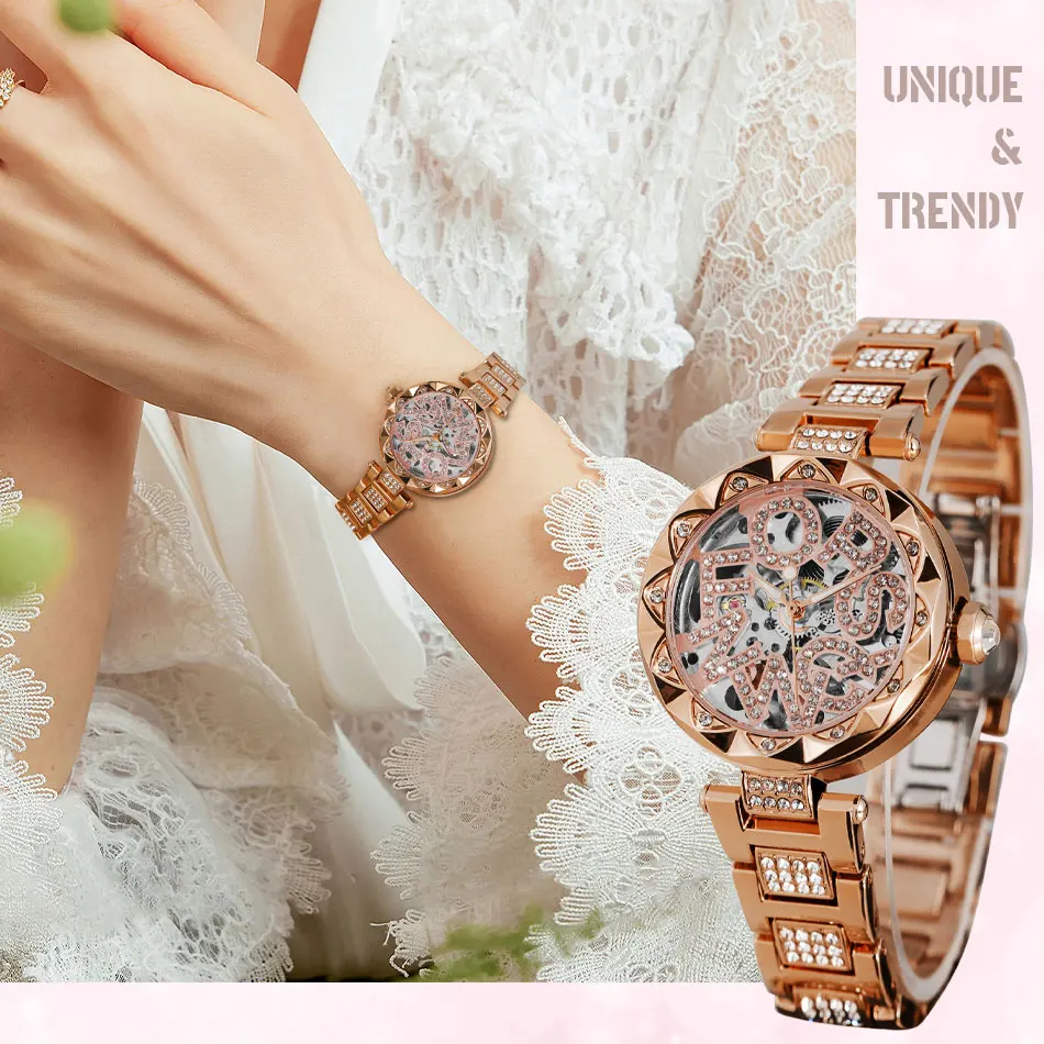موضة 2025 ساعات نسائية فاخرة جديدة راقية الماس هيكل عظمي من الفولاذ المقاوم للصدأ ساعة ميكانيكية أنيقة للسيدات هدية زفاف