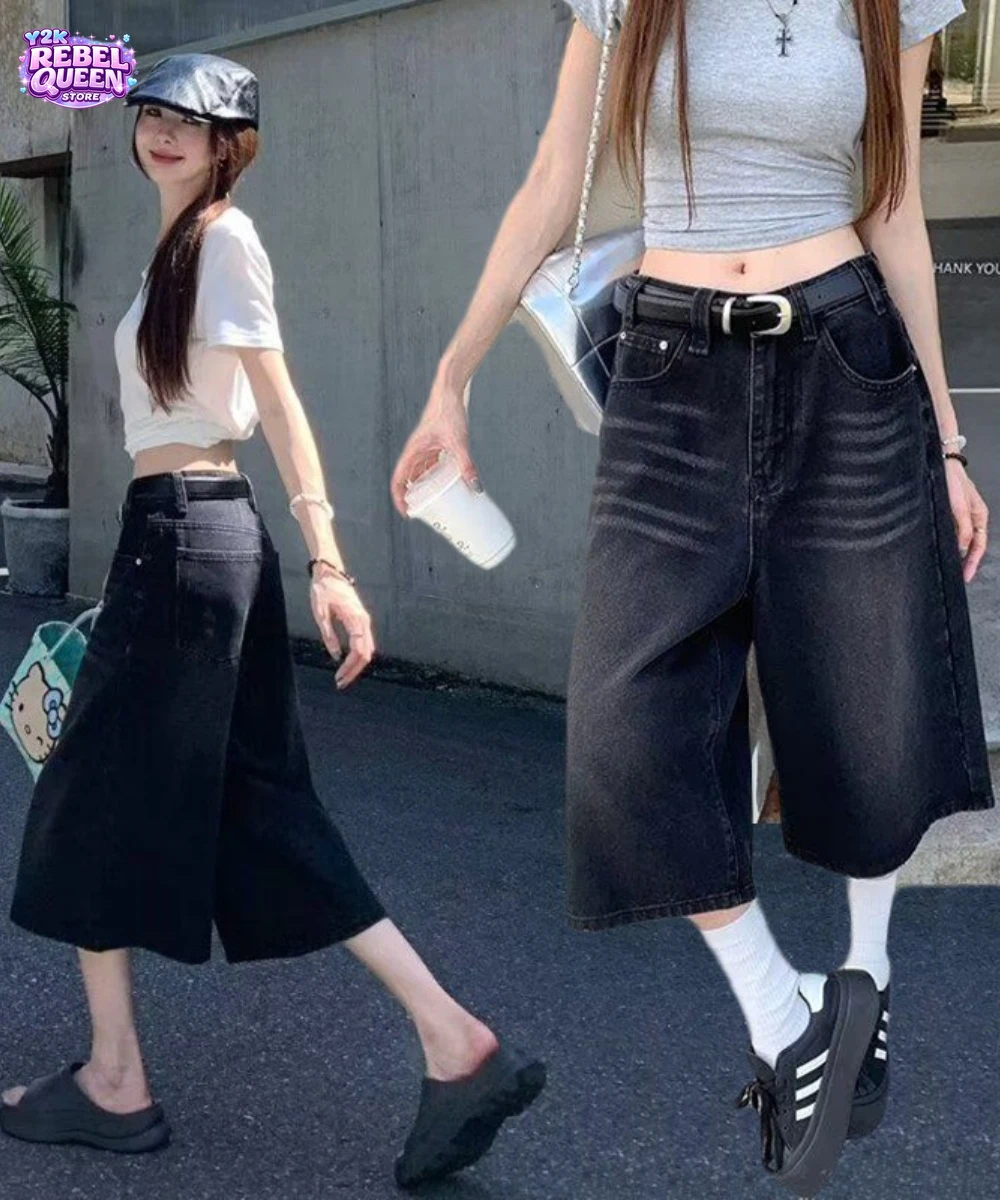 

American Retro Washed Black Denim Culottes Women Summer Loose Straight Wide Leg Knee Length Jeans Y2K Streetwear Casual Pants