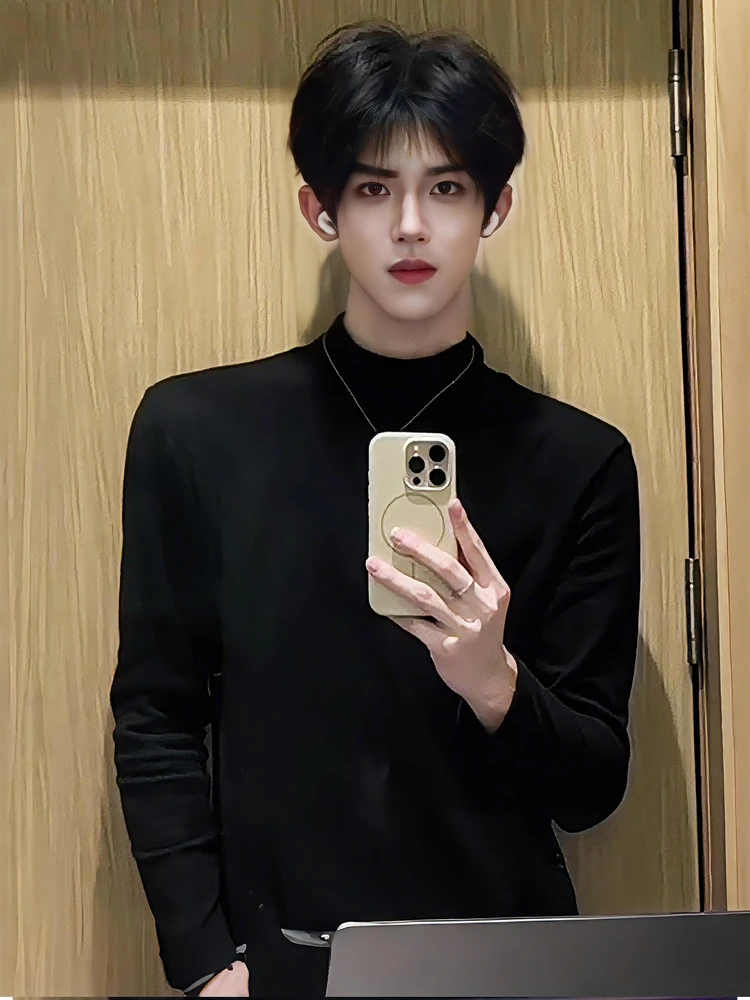 

Bla Fce Lined Long Sve Slim Fit Base irt f High Collar Korean Sle Autumn Winter Men's Thermal Sweatirt Cleanfit