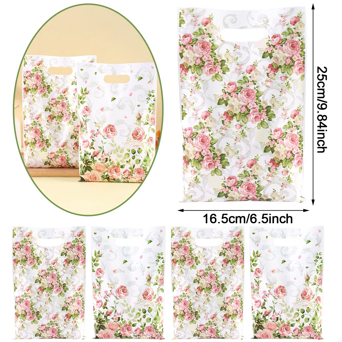 10/20/50 Stück rosa Rosen-Blumen-Handtasche für Mädchen, Party-Geschenkverpackung, Valentinstag, Geburtstag, Partyzubehör, Hochzeitsgeschenke – Detail 3