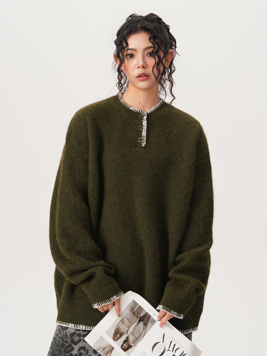 เสื้อสเวตเตอร์ถักสไตล์เรโทร คอเฮนรี่ ทรงหลวม สวมหัว สำหรับคู่รัก ฤดูใบไม้ร่วง ฤดูหนาว อุ่นสบาย ผลิตจากเส้นใยโพลีเอสเตอร์