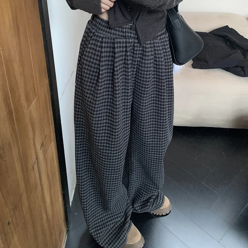 Vintage Plaid Casual Pants Women Fashion Elastic High Waist Straight Wide Leg Female Trouser Autumn Winter Casual Loose Bottoms