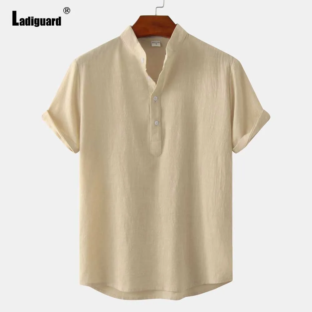 Men Short Sleeve Linen Shirts Clothing 2026 European Fashion Basic Top Pullovers Solid Collarless Blouse Mens Casual Daily Shirt
