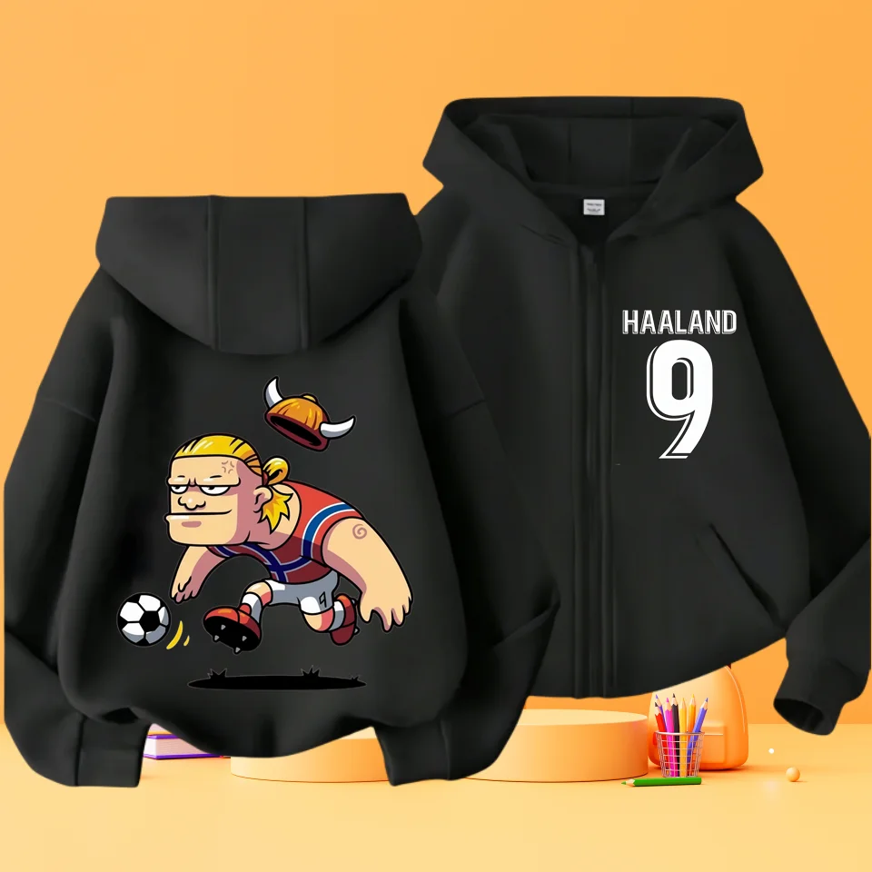 Kids Haaland Zip Up Hoodie, Boys Cartoon Football Player Front Back Print Hooded Jacket, Youth Grey Sports Sweatshirt