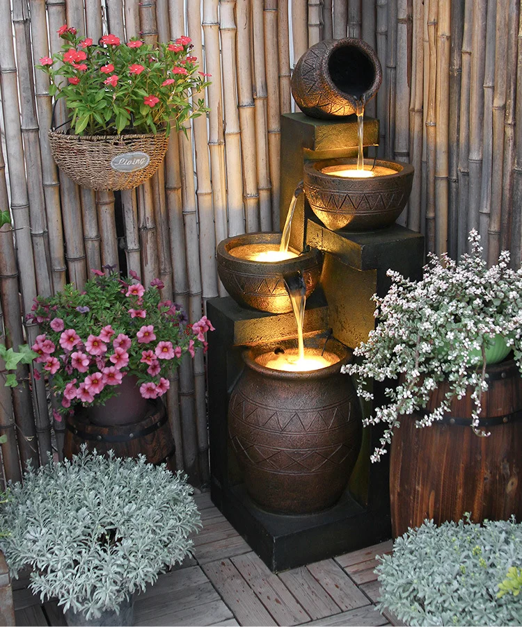 

Rustic Garden Decoration Meditation Lobby Decor Retro Mid-Century Lobby Triple Flow Water Fountain,Yard Fountain Zen Home Decor