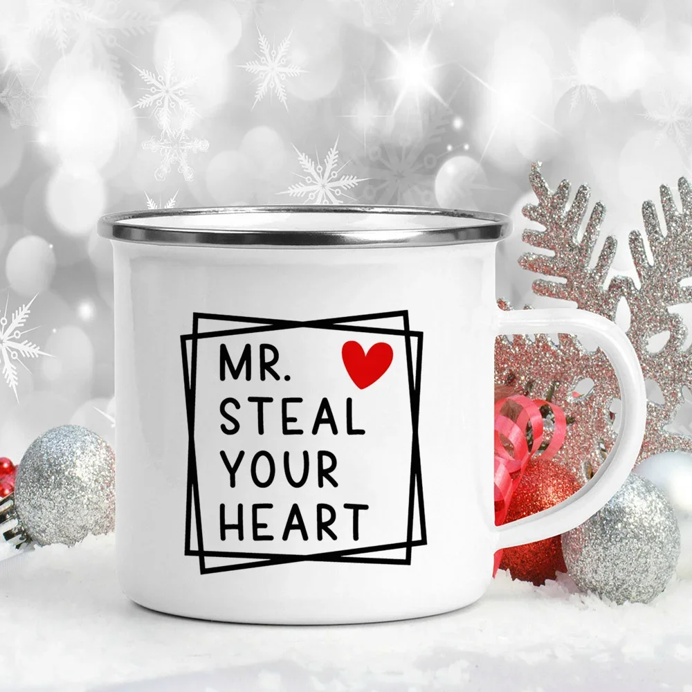 Love Heart Printed Camping Mug Valentine Party Juice Milk Cup Coffee Cups  Enamel Mugs Valentine\'s Day Gifts for Family Friends